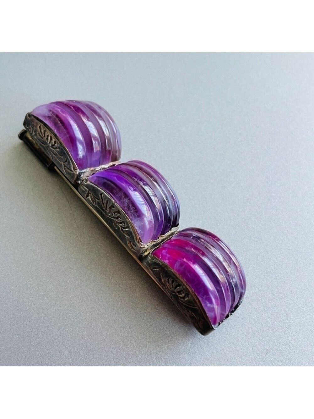 🎉Sold🎉 Antique Chinese Carved Amethyst Sterling Ribbed Rectangle Pin Brooch - Picture 11 of 13